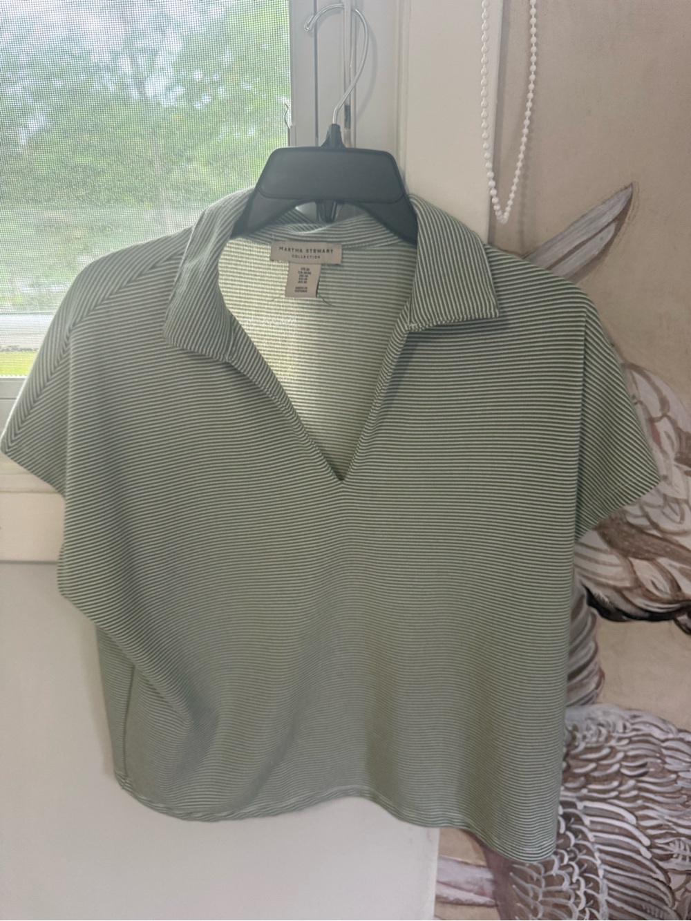 Martha Stewart Sage Green Striped Polo Crop Top